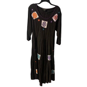 Papy Boez Women's Art to Wear Midi Dress One Size Black Embroidered Mirrors Boho